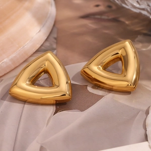 Detail view of 18K gold plated stainless steel hollow triangle stud earrings set