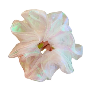 Holographic mermaid sheer organza scrunchie with iridescent metallic sheen on white background
