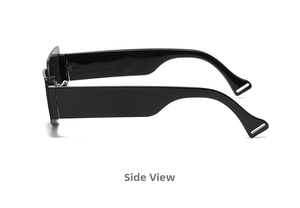 Side view of vintage black semi-rimless sunglasses with rectangular temple cutout detail