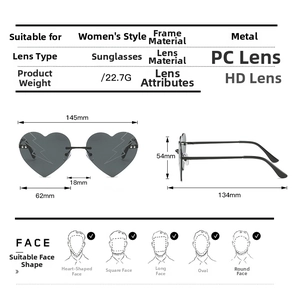 Detailed sizing chart and dimensions for heart-shaped rimless metal sunglasses