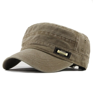 Vintage washed cotton flat top army cap in khaki with classic fashion metal logo