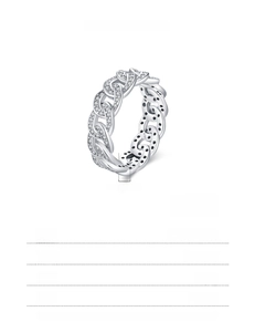 Detail showing S925 sterling silver cuban link ring specifications and sparkling zircon