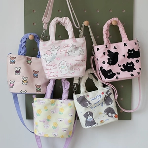 Cute canvas bucket bag with cartoon animal patterns and ruffles in various colors