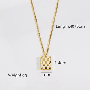 Detailed view of gold necklace with rectangular checkerboard enamel pendant and dimensions