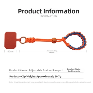 Adjustable orange and blue woven phone wrist strap with dimensions and red insert pad