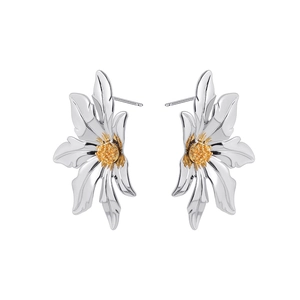 Macro view of silver flower earrings with golden center detail and stainless steel pins