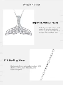 Detail of S925 sterling silver mermaid tail necklace with white pearls and diamonds