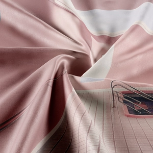 Detailed view of high-quality silk fabric with modern pool landscape and satin sheen