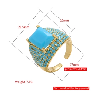 Adjustable gold ring with square blue turquoise and micro-pave turquoise beads