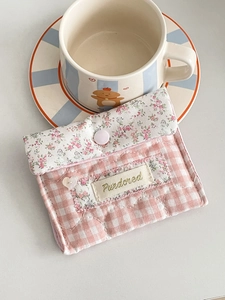 Pink checkered and floral fabric storage pouch with Pundored embroidery and pearl heart