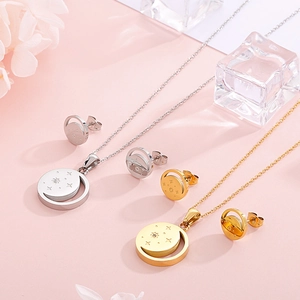 Stainless Steel Sun Moon Star Necklace Earrings Jewelry For Women Fashion Round Pendant Cubic Zirconia