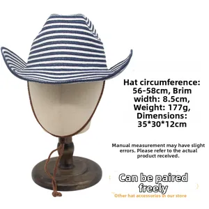 Detail view of striped straw cowboy hat with dimensions 56-58cm and windproof rope