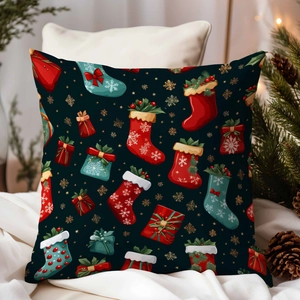 Christmas pillow cover with festive gift box and snowflake patterns on dark background
