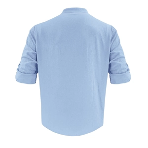 Back view of light blue linen shirt showing breathable texture and stand collar details
