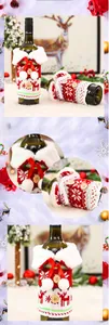 Close-up of knitted Christmas wine bottle cover with reindeer motifs and faux fur collar