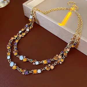 French vintage double-layered necklace with multicolored crystals on a gold chain