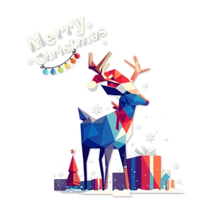 Christmas reindeer and tree window decals with Merry Christmas text in low poly art style