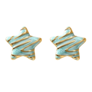 Retro star-shaped enamel stud earrings with gold trim and light blue marble pattern