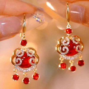 Elegant Chinese style golden longevity lock earrings with red stones and white zircons