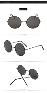 Detailed views of vintage round metal sunglasses with black frames and dark grey lenses