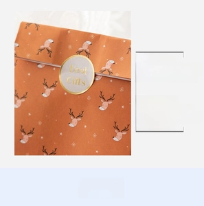 Detail of orange Christmas gift bag with reindeer pattern and Best Gifts gold sticker