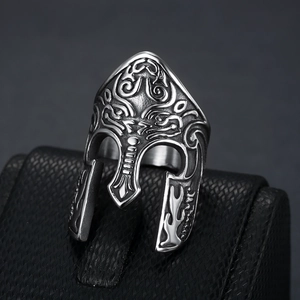 Vintage stainless steel Spartan helmet ring with antique silver finish on black stand