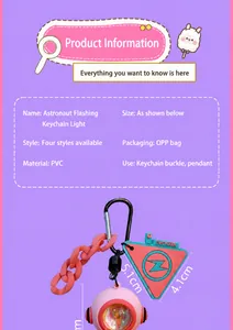 Detailed view of a pink astronaut keychain featuring an LED light and size dimensions