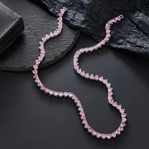 Pink heart-shaped zircon tennis necklace and bracelet set in silver-plated finish
