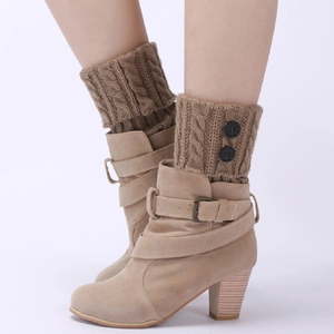 Women's khaki suede ankle boots with knit cuffs, decorative buckles, and wood grain block heels