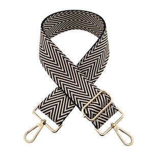 Adjustable 5cm wide jacquard bag strap with black and white chevron pattern and gold hooks