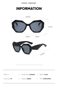 Detailed size guide for square frame sunglasses with precise measurements and 39.4g weight
