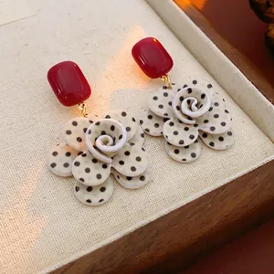 Retro red rectangle and white polka dot camellia floral earrings with silver needles