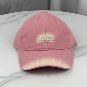 Pink distressed baseball cap with Heart embroidery and yellow gradient brim detail