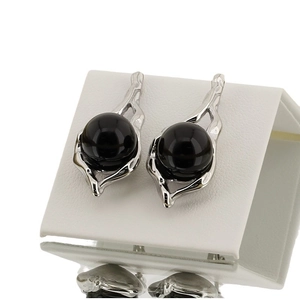 French vintage silver stainless steel earrings with irregular geometry and black pearls