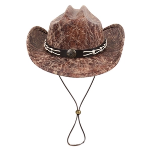 Brown faux suede cowboy hat with distressed texture and braided leather band decoration