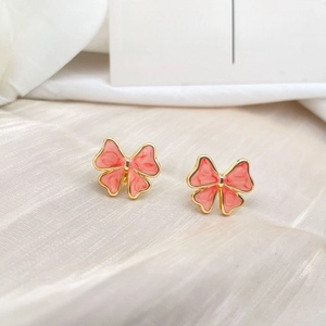 Elegant pink bow stud earrings with marble texture glaze for women in stylish stainless steel