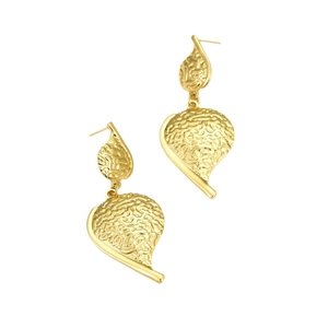 Fashionable golden stainless steel earrings with textured leaf drop design for women