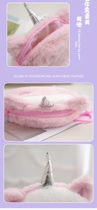 Detailed views of plush unicorn purse showing pink faux fur texture and silver horn detail