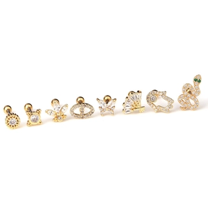 Set of 8 gold stainless steel earrings with zircon stone designs for cartilage piercing