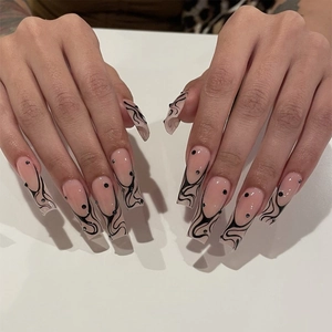Long Coffin Press On Nails Pink French Fake Nails With Black Abstract Lines And Rhinestones Glossy Artificial Fingernails For Women