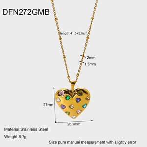 Detailed dimensions of gold stainless steel heart necklace with colorful zircons