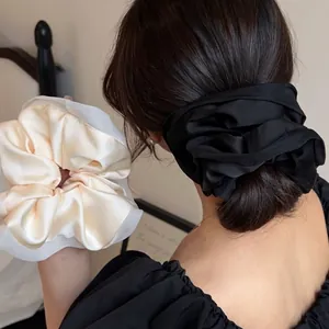 Oversized Satin Scrunchie With Tulle Mesh Edge Elastic Hair Tie French Style Solid Color Ponytail Holder For Women