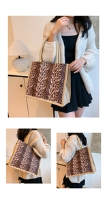 Detail view of leopard print linen tote bag with woven rope handles shown in various angles