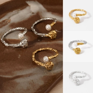 Stainless Steel Artificial Pearl Open Ring Irregular Hammered Adjustable Waterproof Hypoallergenic Minimalist Jewelry For Women