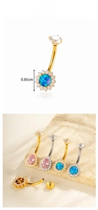 Detail of sunflower navel ring with opal inlay and 0.85cm zircon flower centerpiece