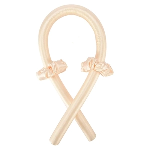 Detail view of champagne silk heatless hair curler set with matching satin scrunchies