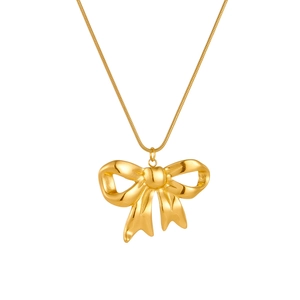 3D gold bow pendant necklace with sleek snake chain made of waterproof titanium steel