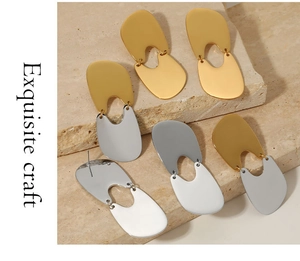 Detailed macro view of geometric 316 stainless steel earrings on a natural stone base