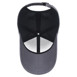 Deep grey panelled baseball cap with long visor and adjustable strap in a top-down view