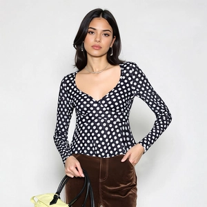Top da donna a pois con scollo a V e maniche lunghe, vestibilità slim e stile vintage